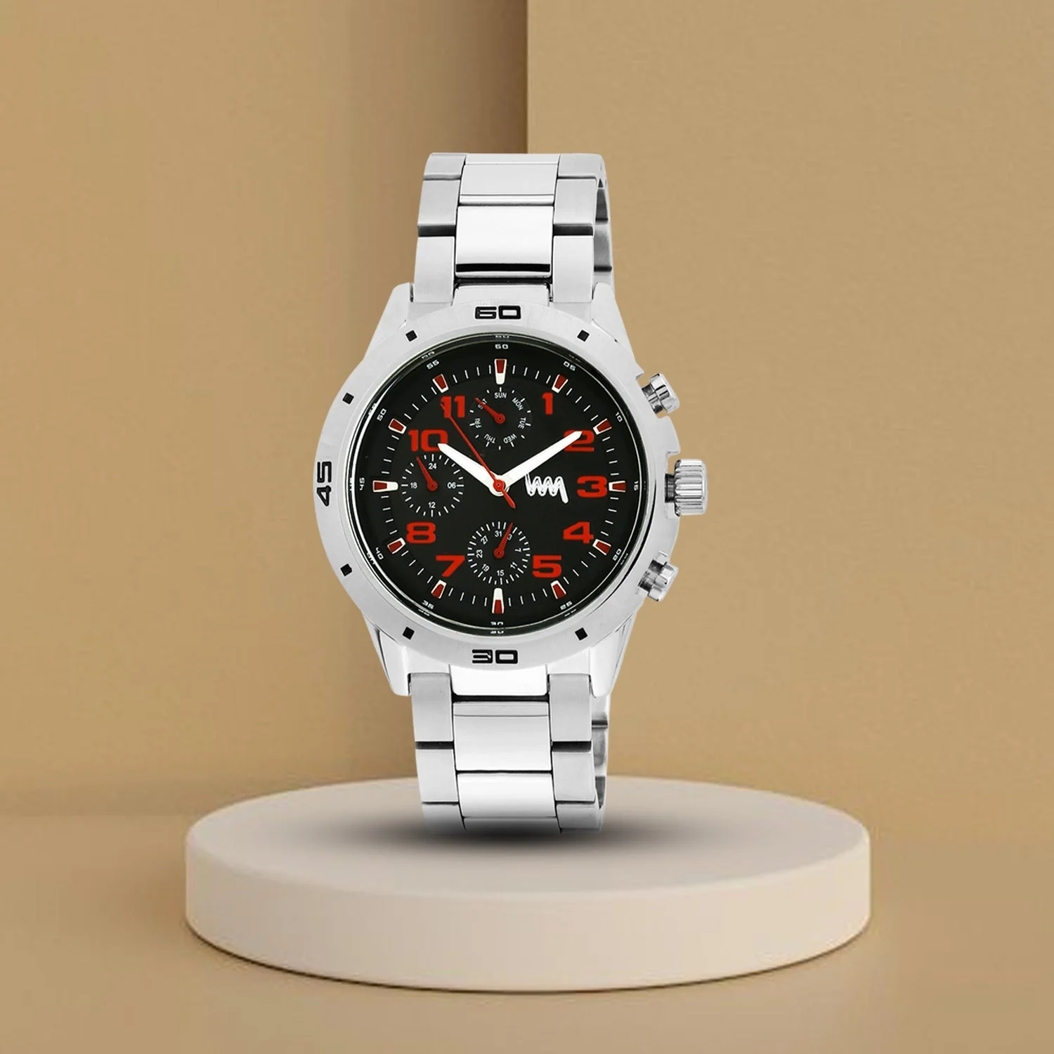 Men Multifunctional Silver Case, Black & Red Dial with Silver Stainless Steel Bracelet Watch LWM010002M - Image 6