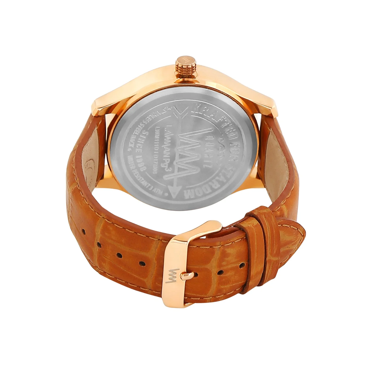 Men Rose Gold Case Silver Skeleton Dial Brown Croco Leather Strap Day-Date Watch LWM111D - Image 3