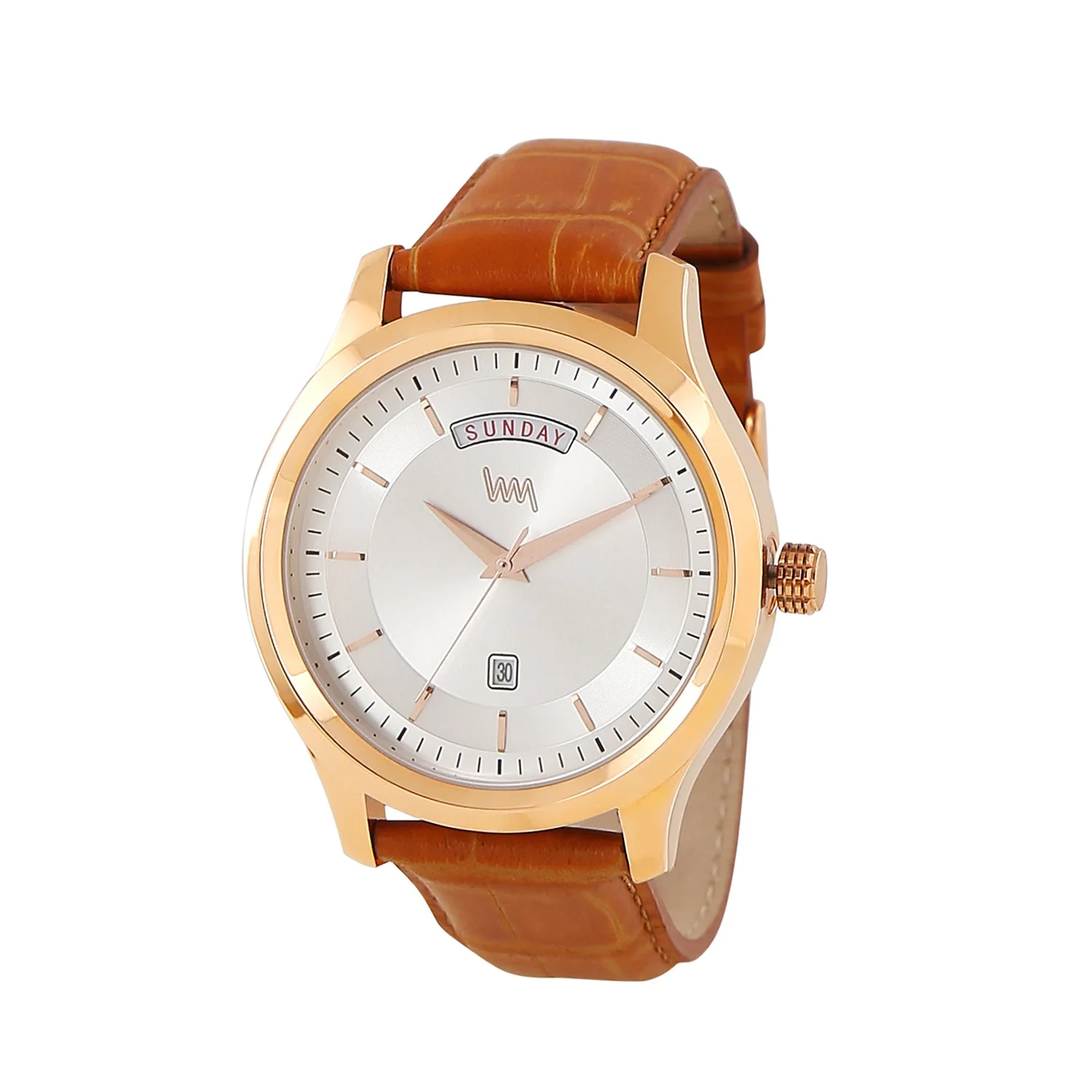 Men Rose Gold Case Silver Skeleton Dial Brown Croco Leather Strap Day-Date Watch LWM111D - Image 4