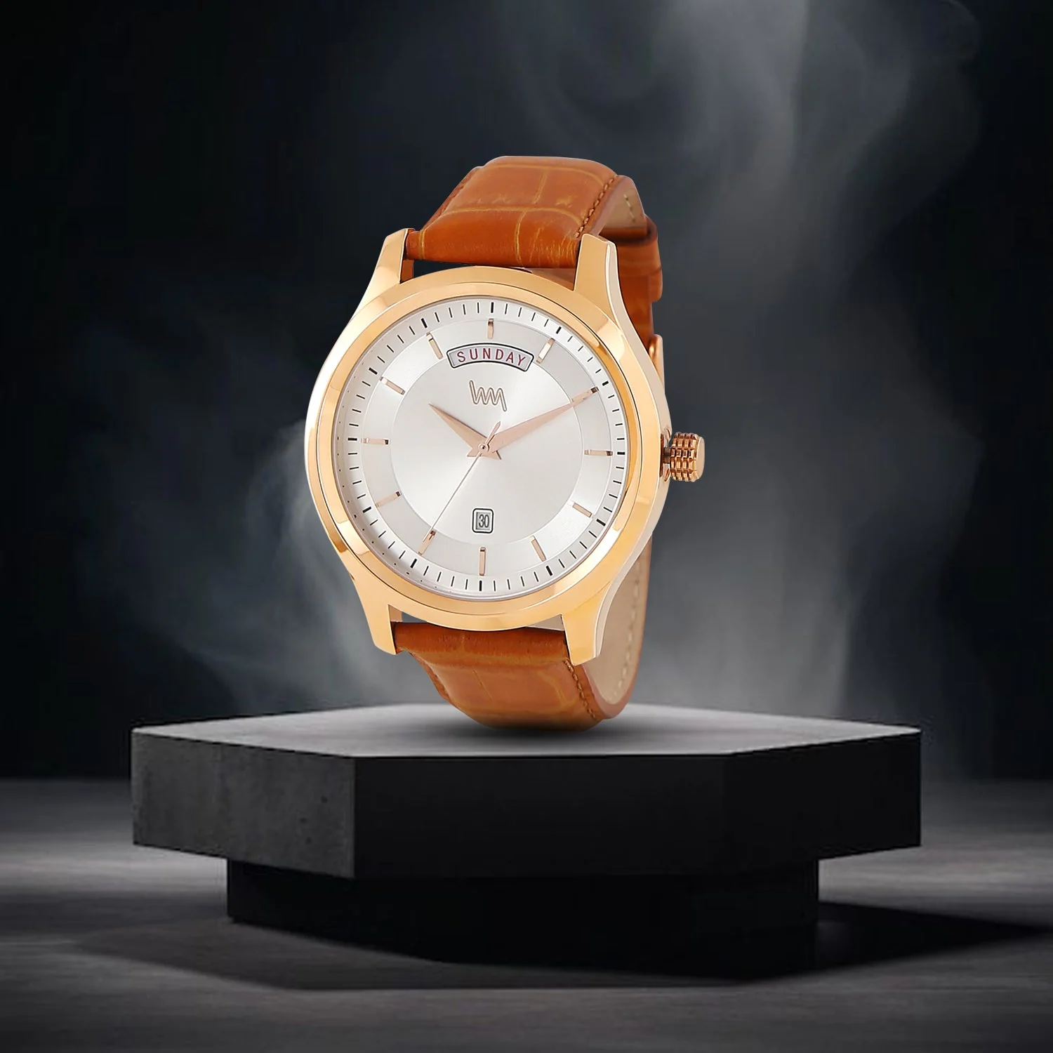 Men Rose Gold Case Silver Skeleton Dial Brown Croco Leather Strap Day-Date Watch LWM111D - Image 6