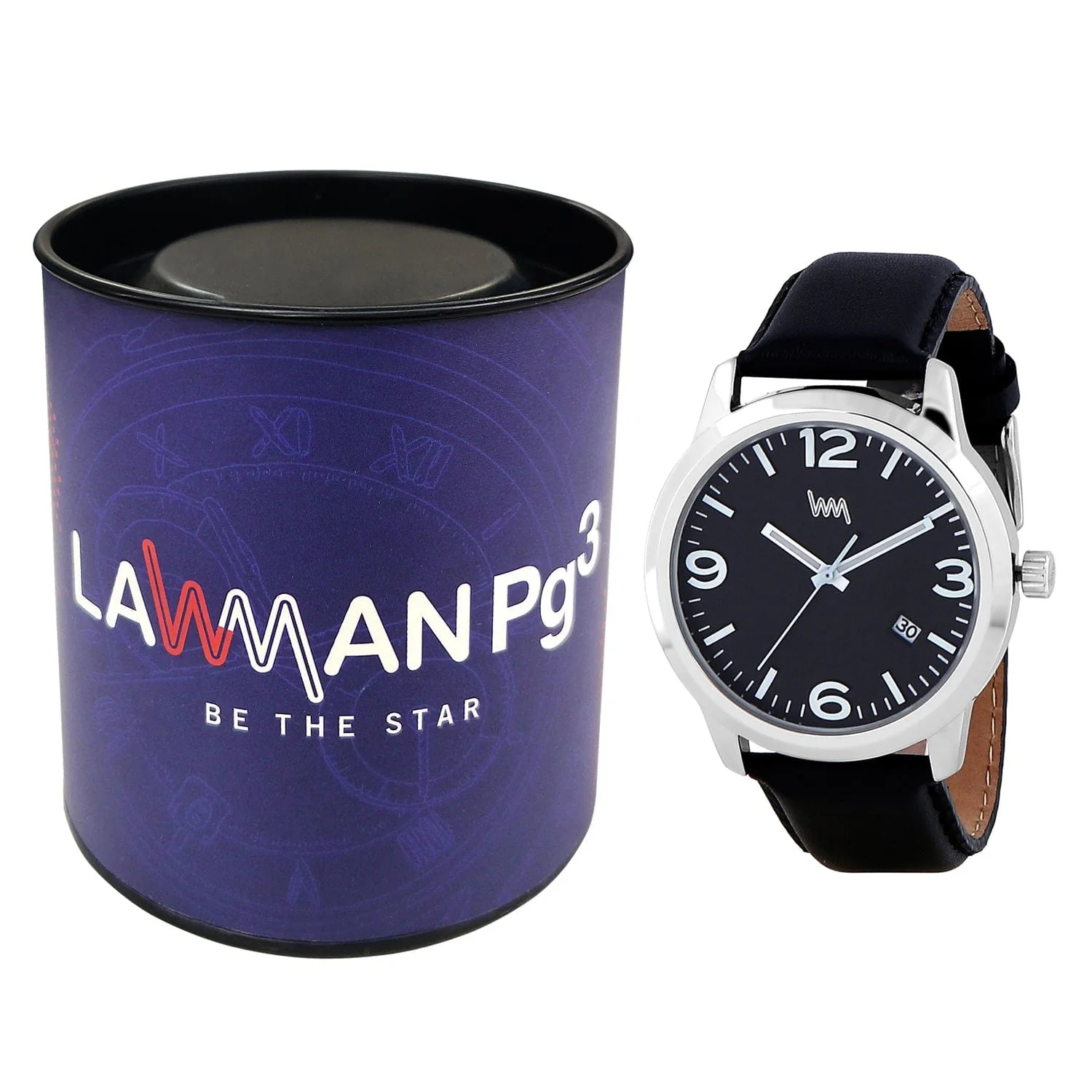 Men Silver Case, Black Dial, Black Leather Strap, Date Watch LWM141B - Image 3