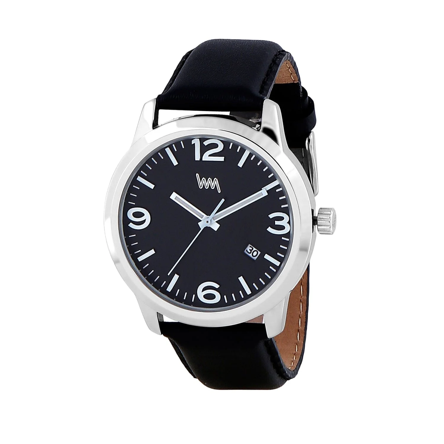 Men Silver Case, Black Dial, Black Leather Strap, Date Watch LWM141B - Image 4