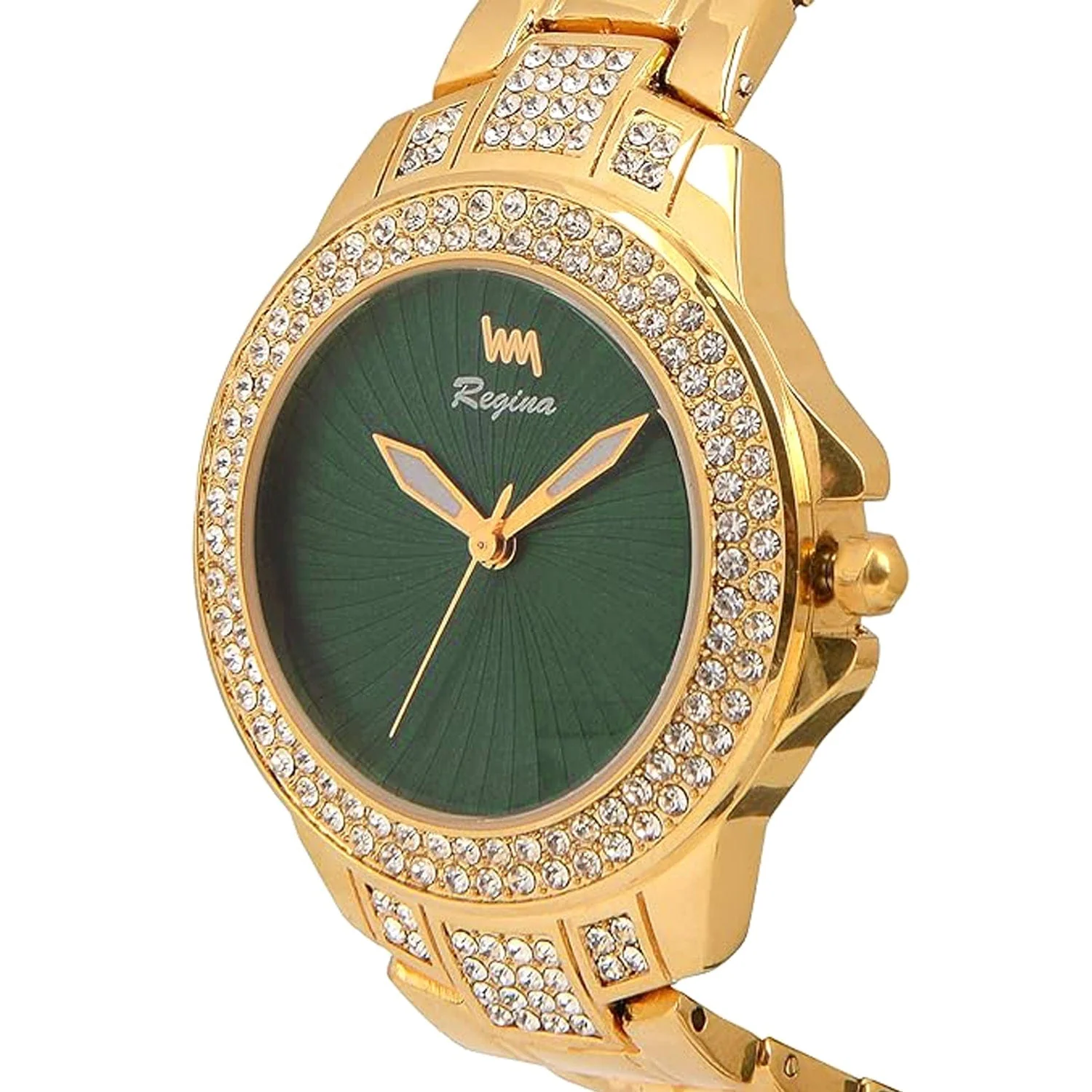 Women's Gold Bling, Green Dial, Gold Diamond studded Solid Link Bracelet Watch LWW118A - Image 3