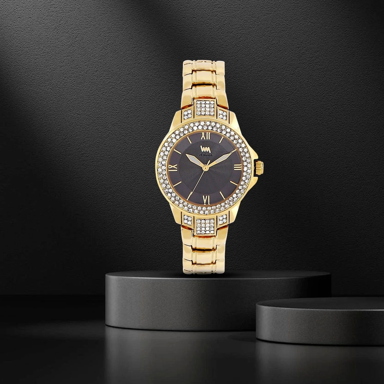 Women's Gold Bling, Grey Dial, Gold Diamond studded Solid Link Bracelet Watch LWW111A - Image 6