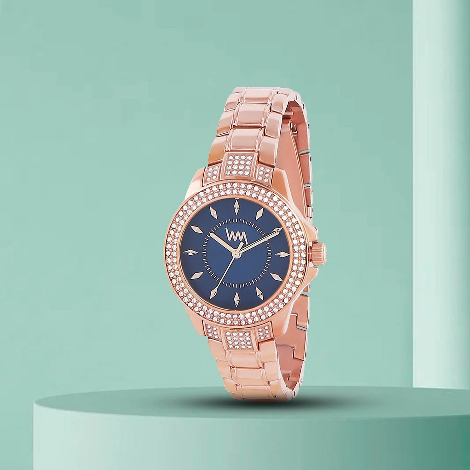 Women's Rose Gold Bling, Blue Dial, Rose Gold Diamond studded Solid Link Bracelet Watch LWWI106E - Image 6