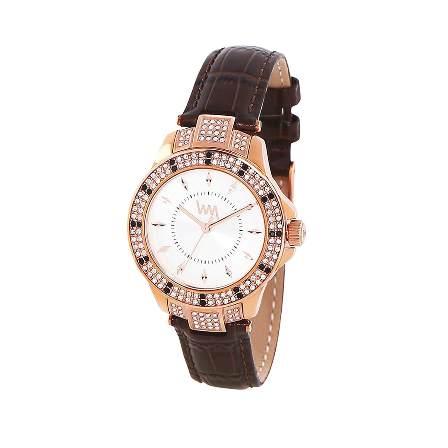 Women's Rose Gold Bling, White Dial, Brown Genuine Leather Strap Watch LWWI106B - Image 4