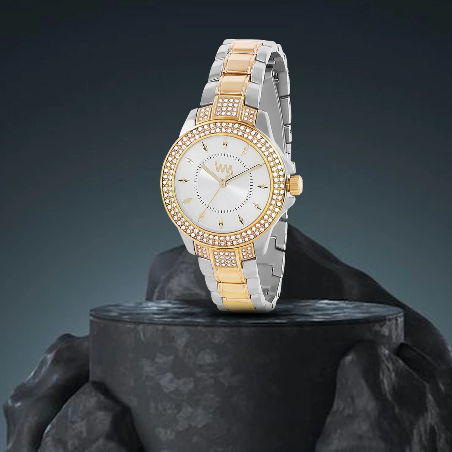 Women's Two Tone Gold Silver Bling, Silver Dial, Two Tone Gold Silver Diamond studded Solid Link Bracelet Watch LWWI106F - Image 6