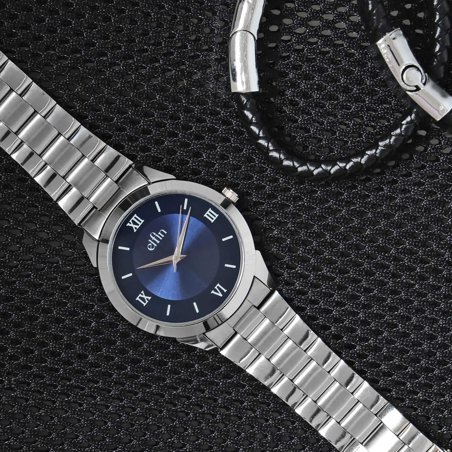 Men’s Analog Watch – Blue Roman Dial with Stainless Steel Strap - ELFM002D
