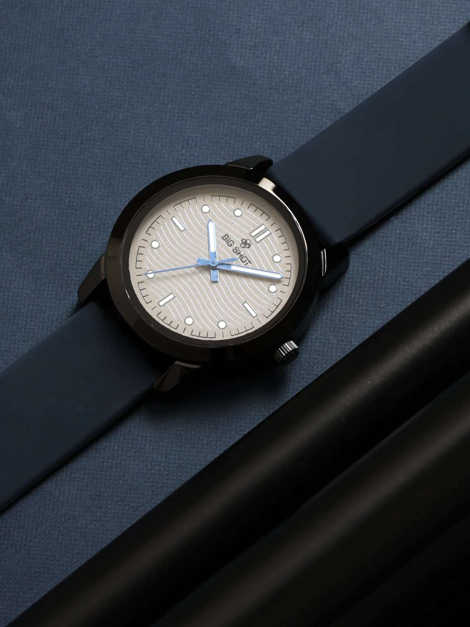 Men’s Analog Watch – Grey Textured Dial with Blue Strap & Blue Hands - BSM008C