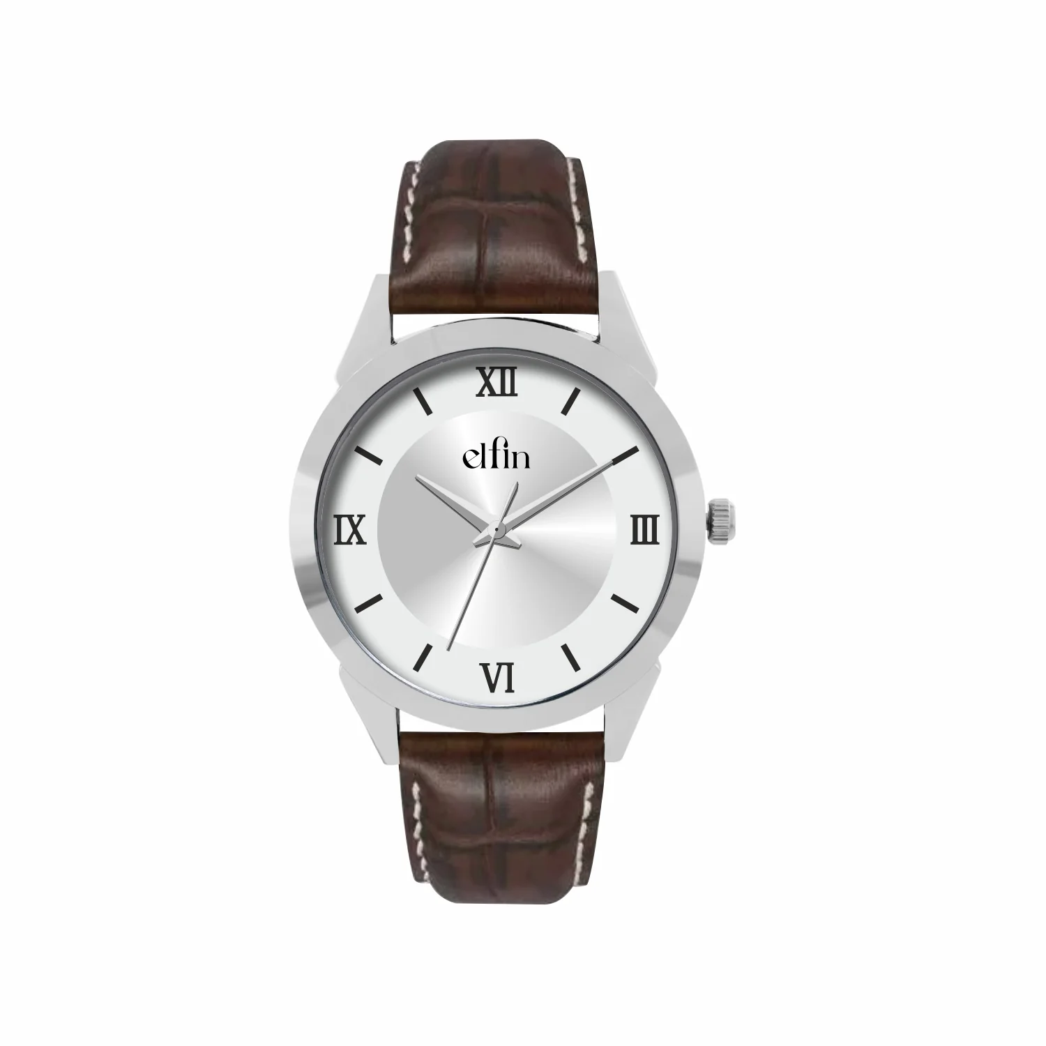 Men’s Analog Watch – Silver Roman Dial with Brown Leather Strap - ELFM002B - Image 2