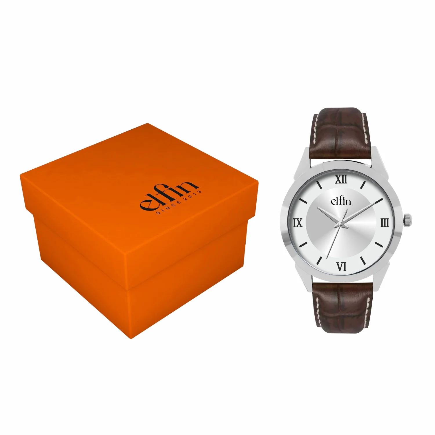 Men’s Analog Watch – Silver Roman Dial with Brown Leather Strap - ELFM002B - Image 4