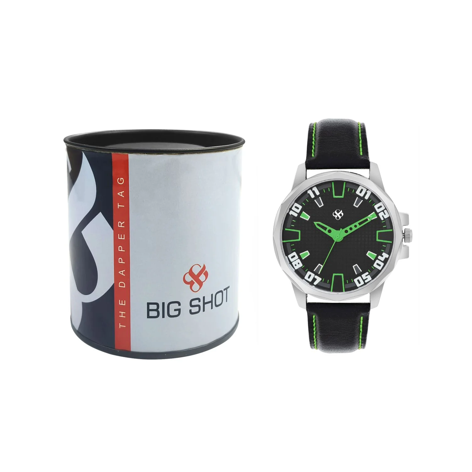 Men’s Black Dial with Green Accents and Black Leather Strap Analog Watch - BSM073G - Image 5