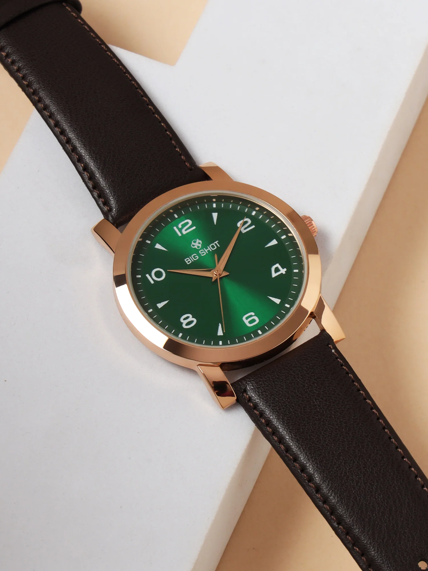 Men’s Green Dial Rose Gold Case Analog Watch with Brown Leather Strap