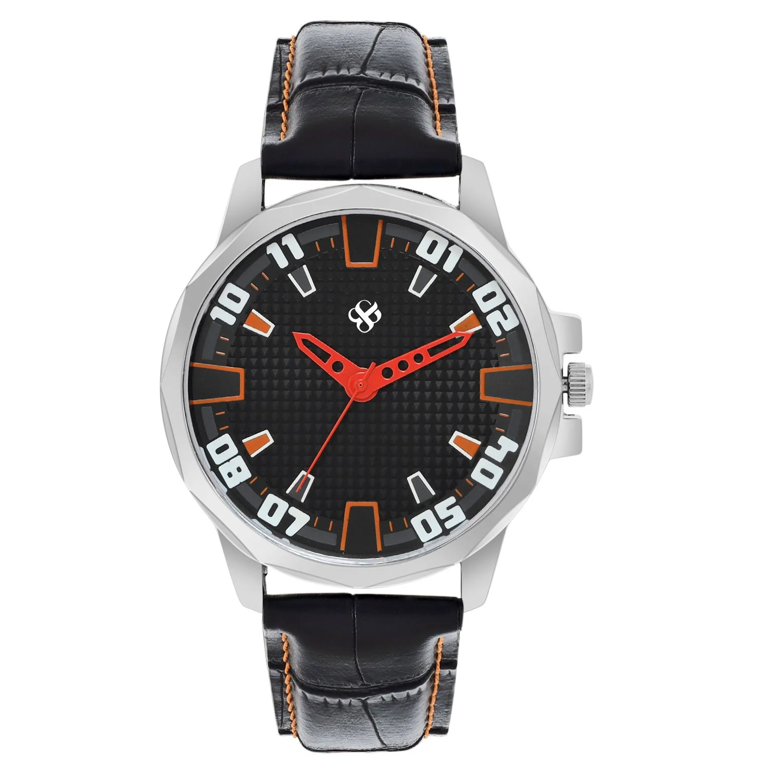 Men’s Sporty Black Dial Analog Watch with Orange Accents & Black Leather Strap - BSM073C - Image 2