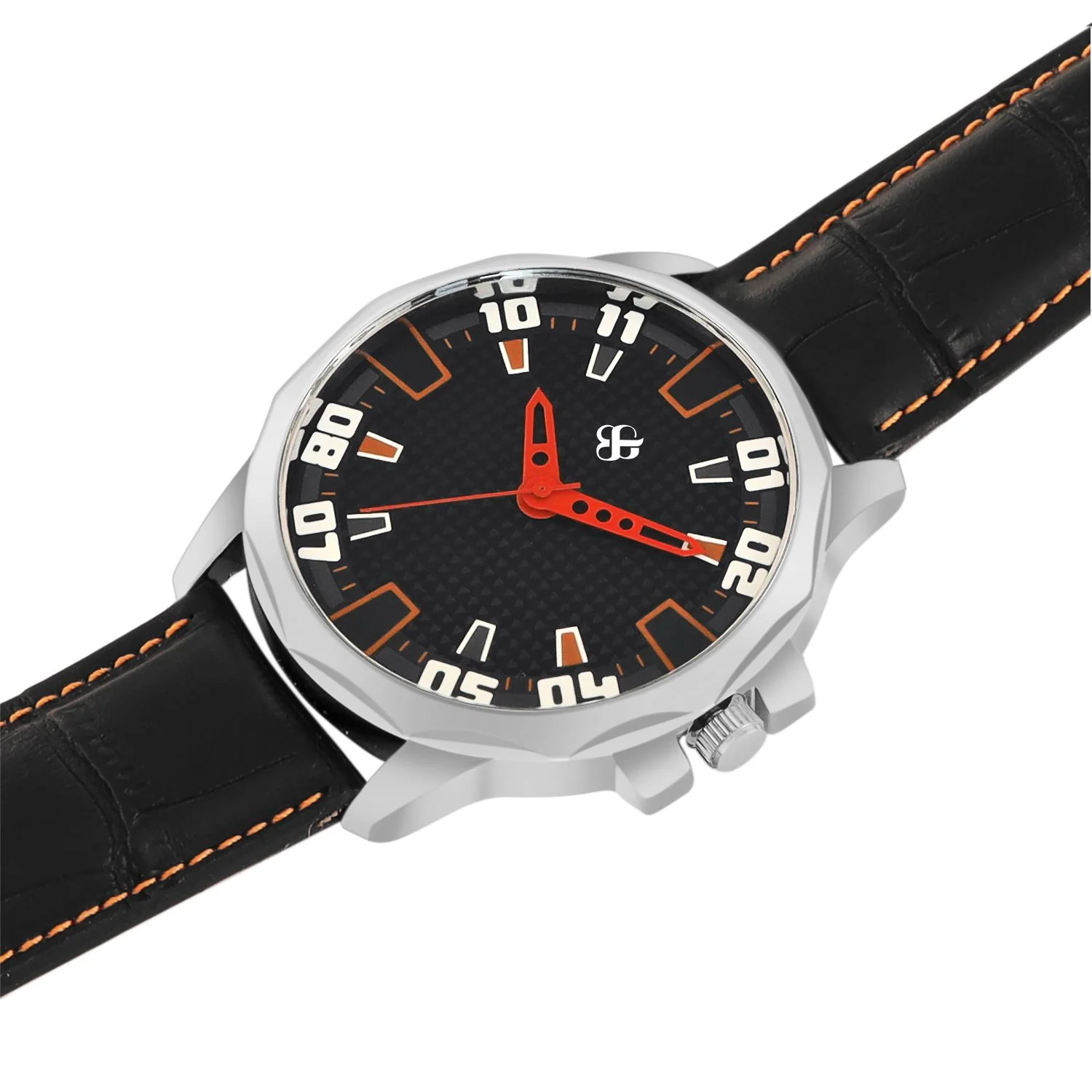 Men’s Sporty Black Dial Analog Watch with Orange Accents & Black Leather Strap - BSM073C - Image 3