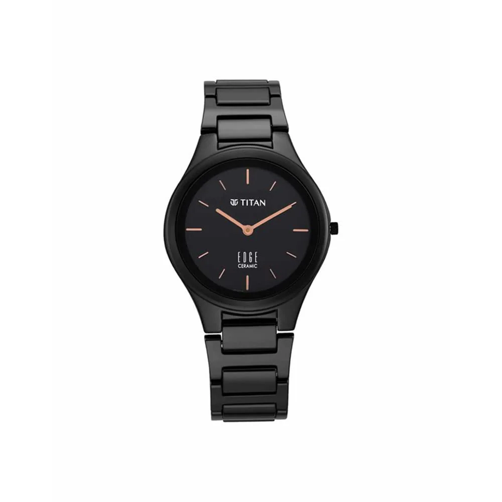 Analog Edge Ceramic Quartz in Glossy Black Dial Watch for Women, Band Color-Black - Image 3