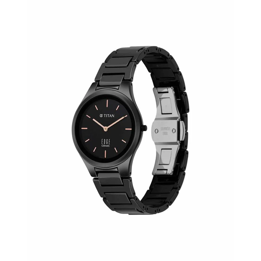 Analog Edge Ceramic Quartz in Glossy Black Dial Watch for Women, Band Color-Black - Image 4