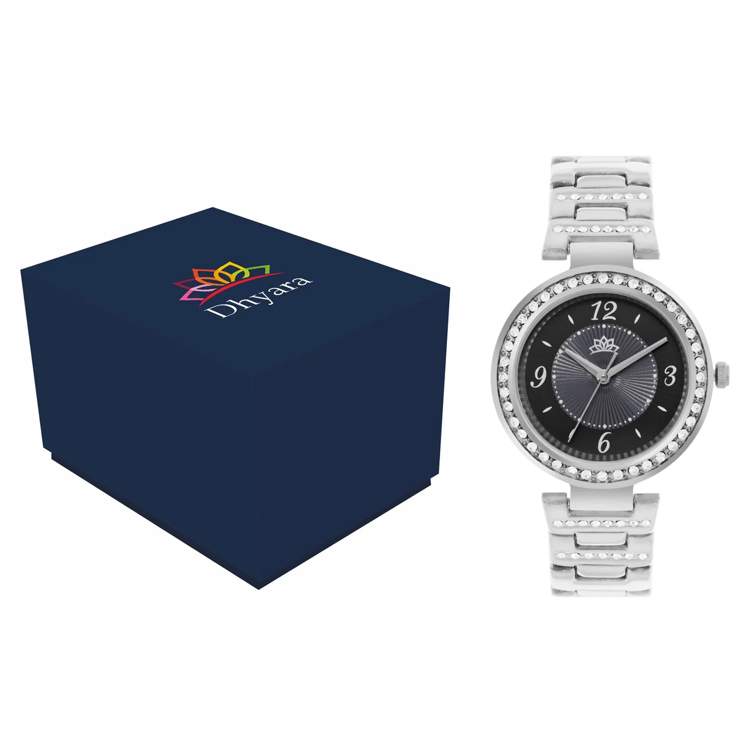 Women’s Black Dial Silver Bracelet Watch with Crystal Bezel - D004A - Image 5