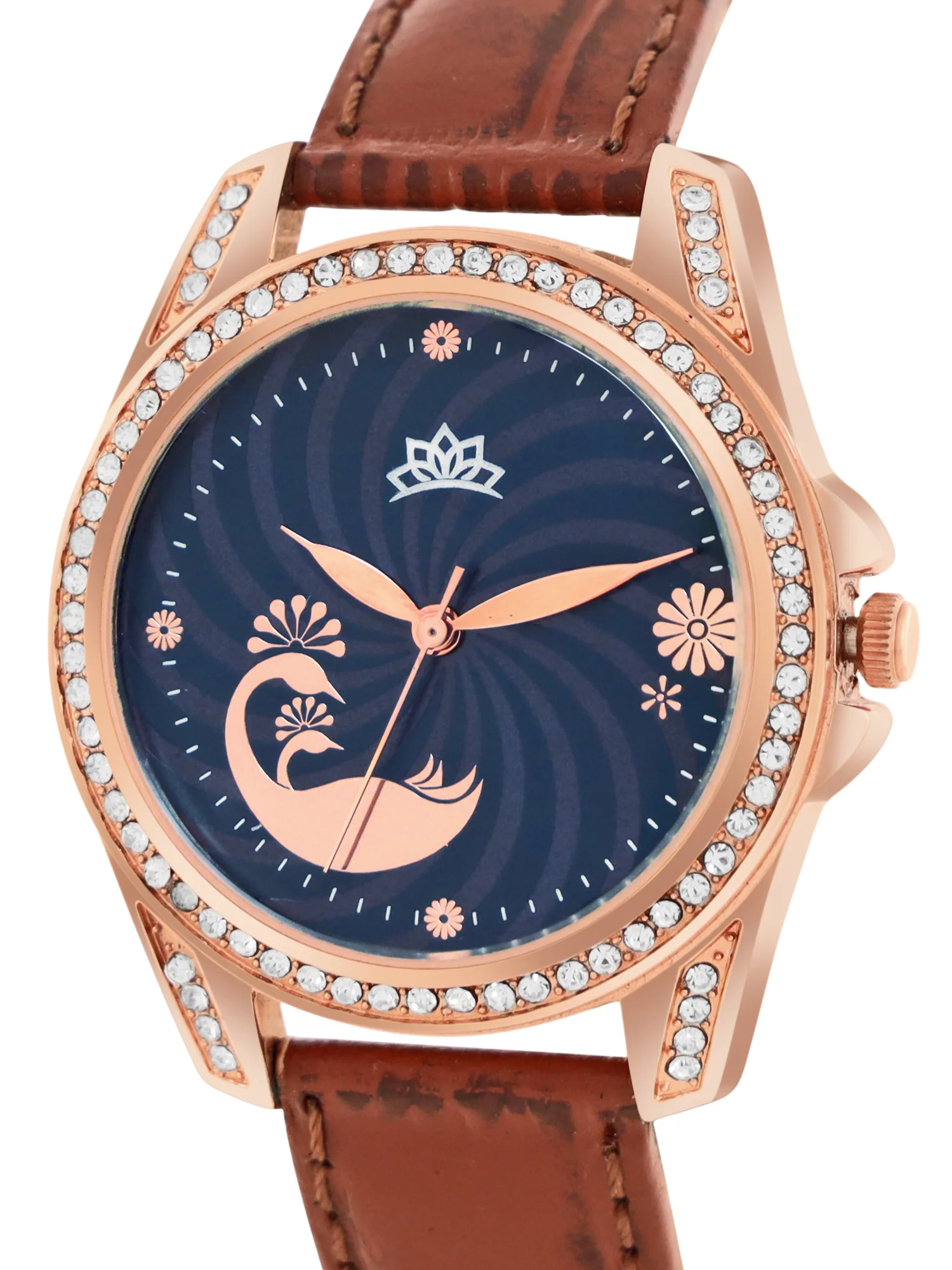Women’s Elegant Blue Dial with Brown Leather Strap and Crystal Rose Gold Case - D009A - Image 3