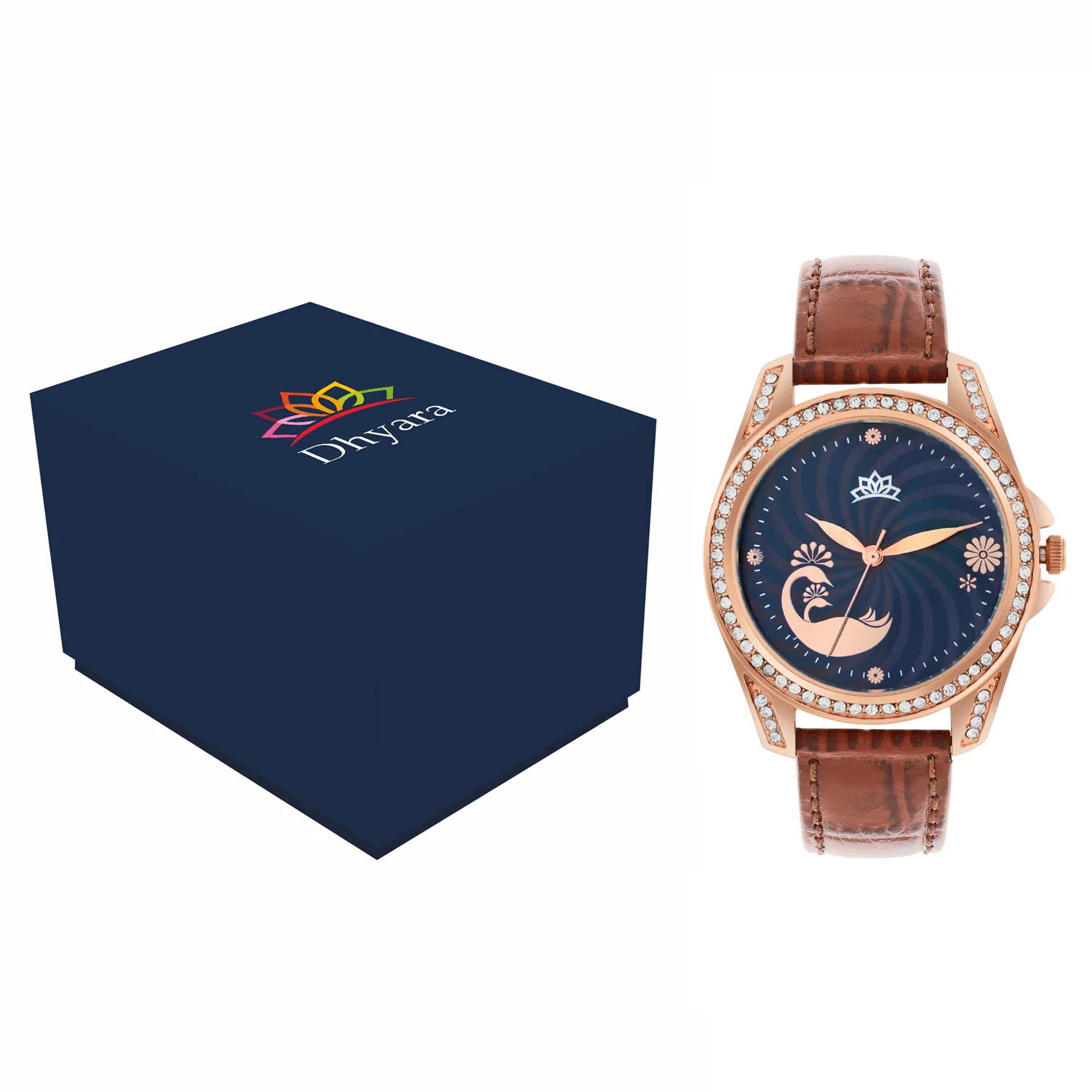 Women’s Elegant Blue Dial with Brown Leather Strap and Crystal Rose Gold Case - D009A - Image 6