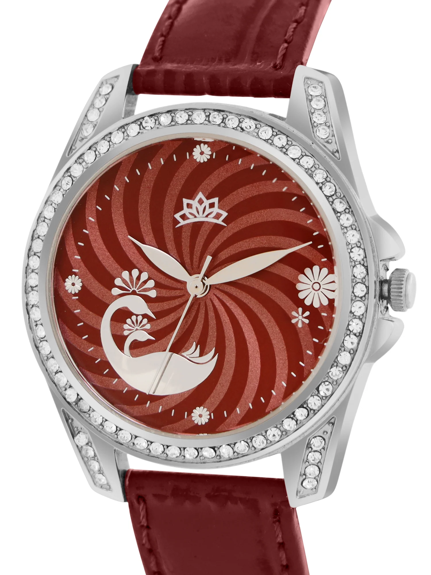 Women’s Elegant Red Dial Analog Watch with Crystal Bezel & Leather Strap - D009C - Image 3