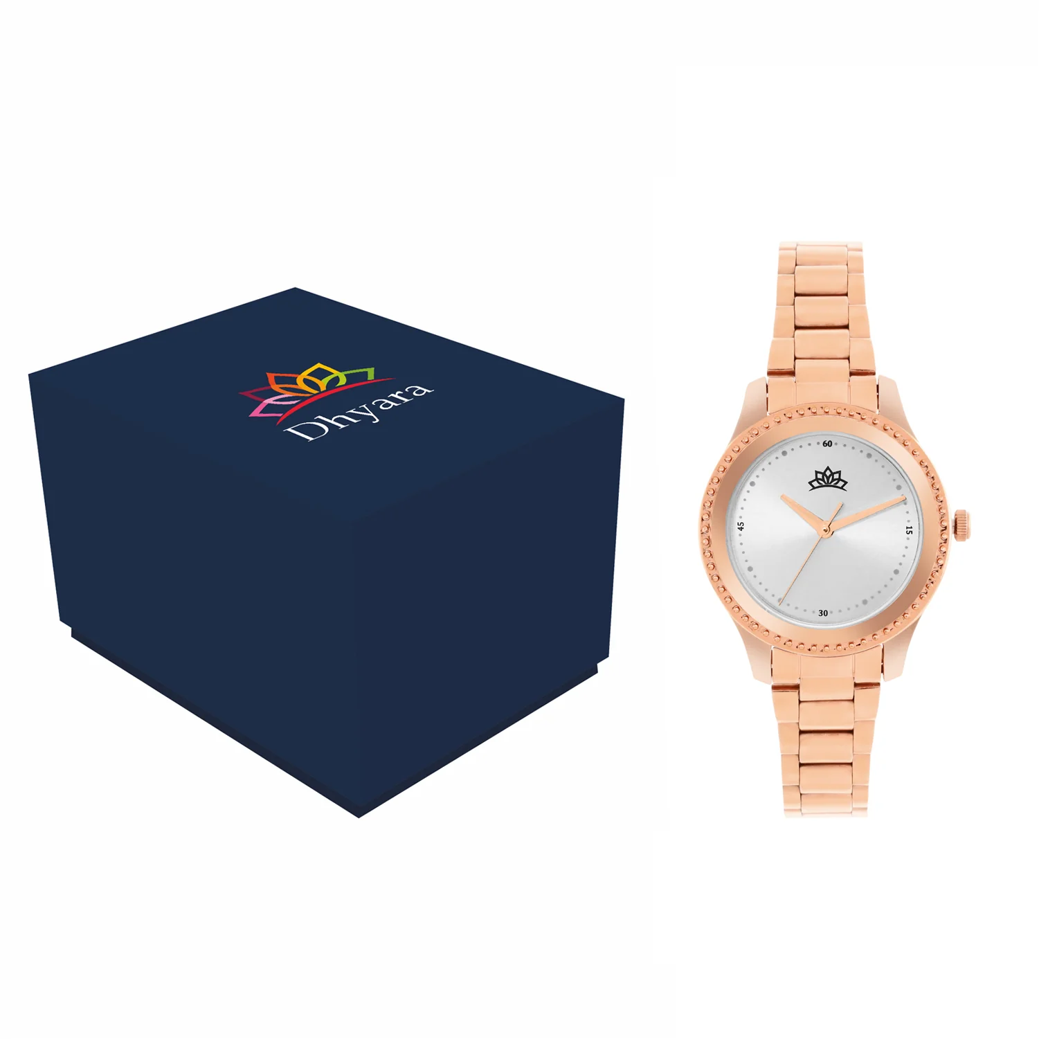 Women’s Rose Gold Bracelet Watch with Crystal Bezel & Silver Dial - D001F - Image 6